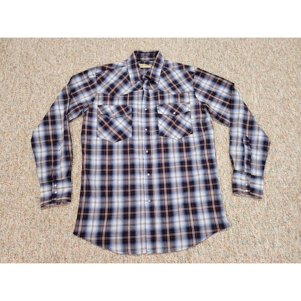 Bit & Bridle Western Shirt Mens Medium Blue Plaid Pearl Snap Cowboy Rodeo